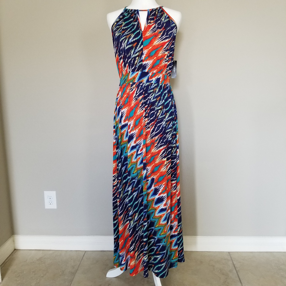 Bisou Bisou Multicolor Zigzag Halter Maxi Dress - Navy, Orange, Teal